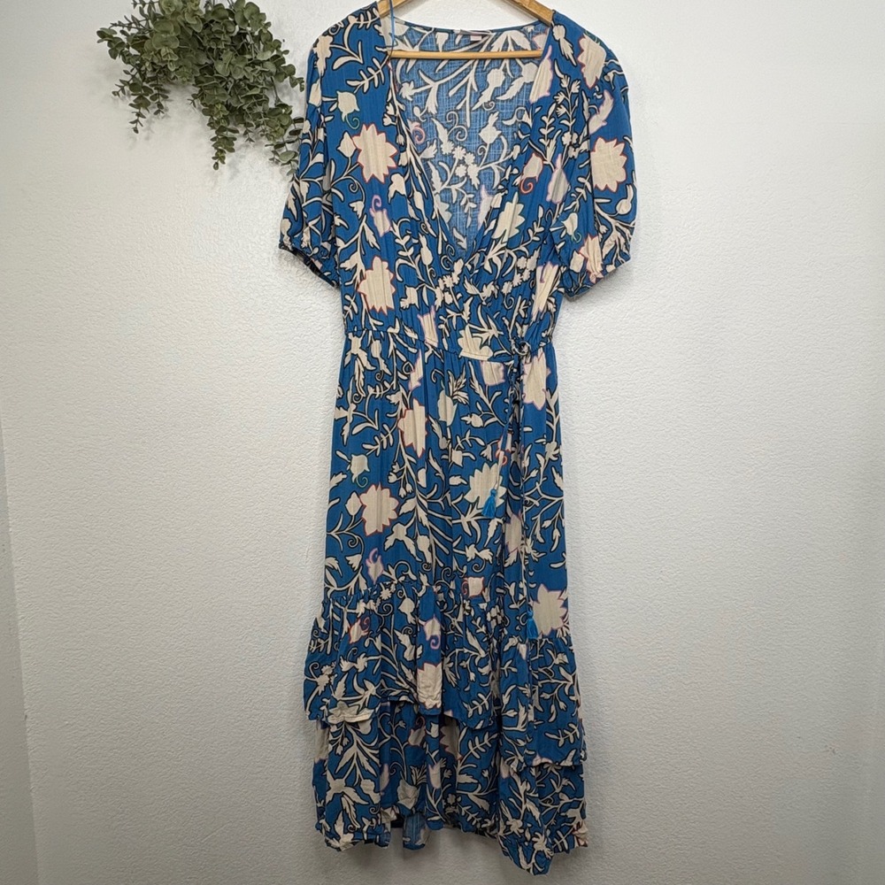 Knox Rose Blue Floral Wrap Midi Dress XXL Short Sleeve Tassel Tiered Ruffle Boho - Picture 2 of 7